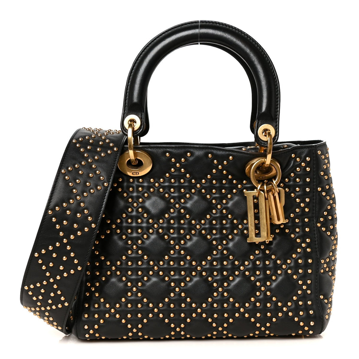 Calfskin Cannage Studded Medium Supple Lady Dior Black