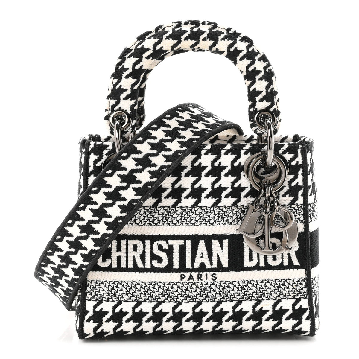 Canvas Houndstooth Embroidered Mini Lady D-Lite Black White