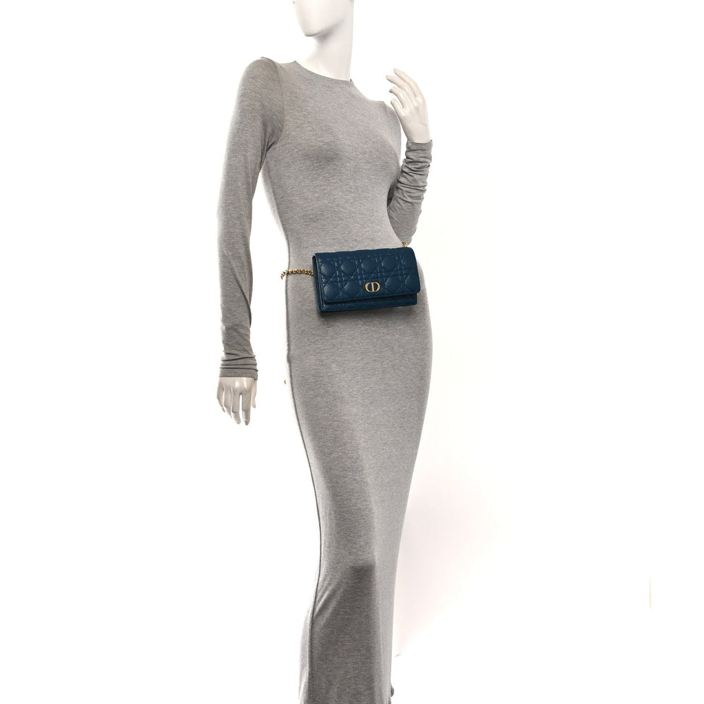 Supple Calfskin Cannage Caro Belt Pouch with Chain Steel Blue