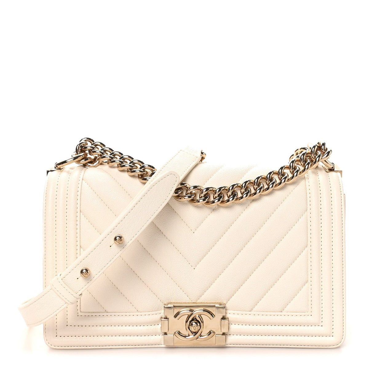 Caviar Chevron Quilted Medium Boy Flap White