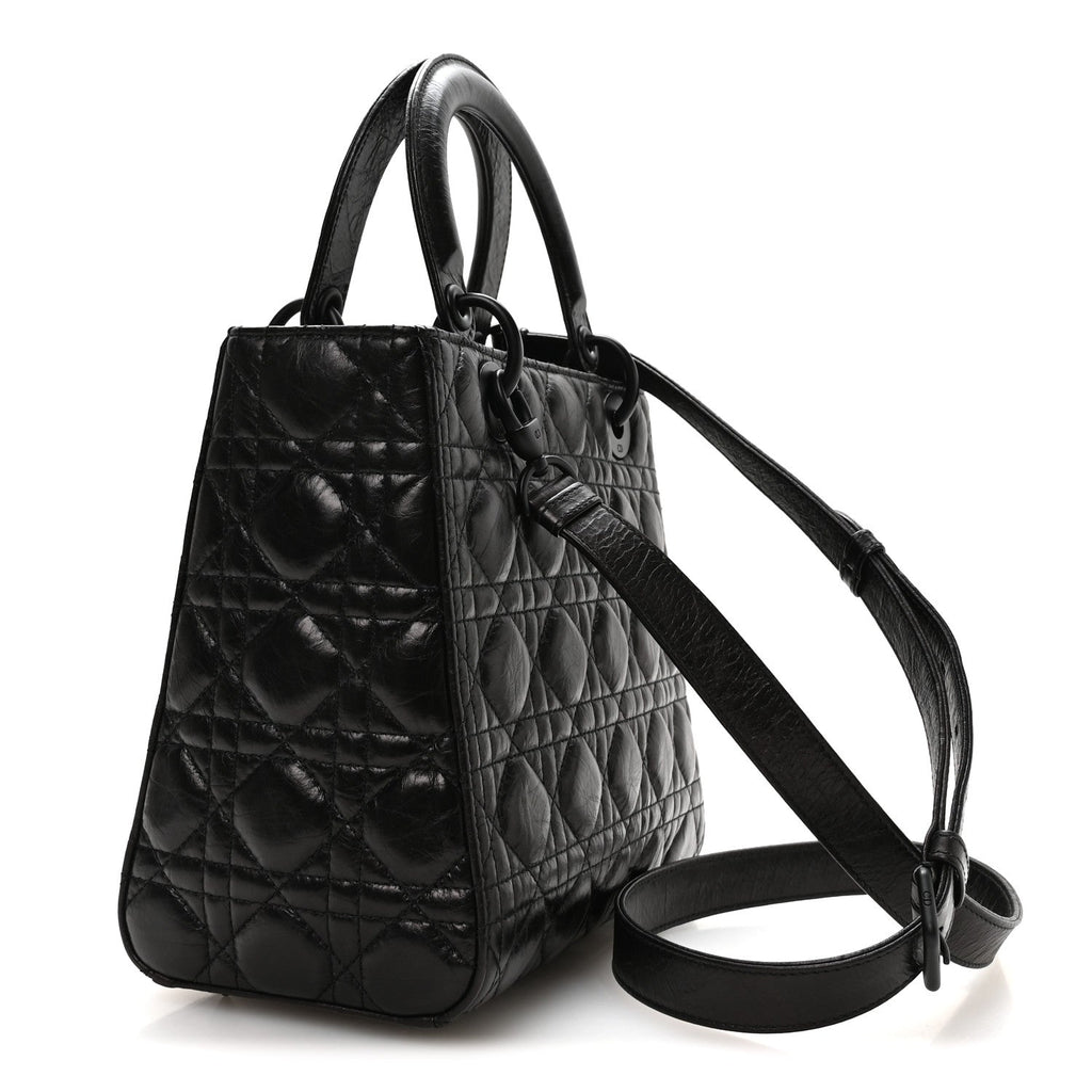 Crinkled Calfskin Cannage Medium Lady Dior Black