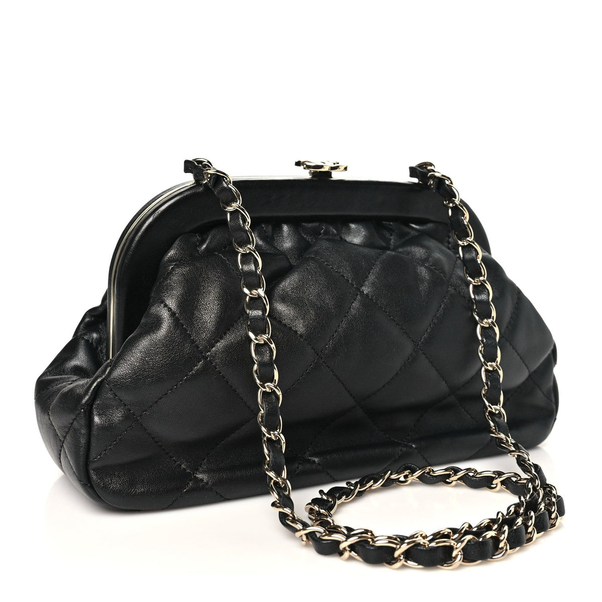 Lambskin Quilted CC Kisslock Clutch Black