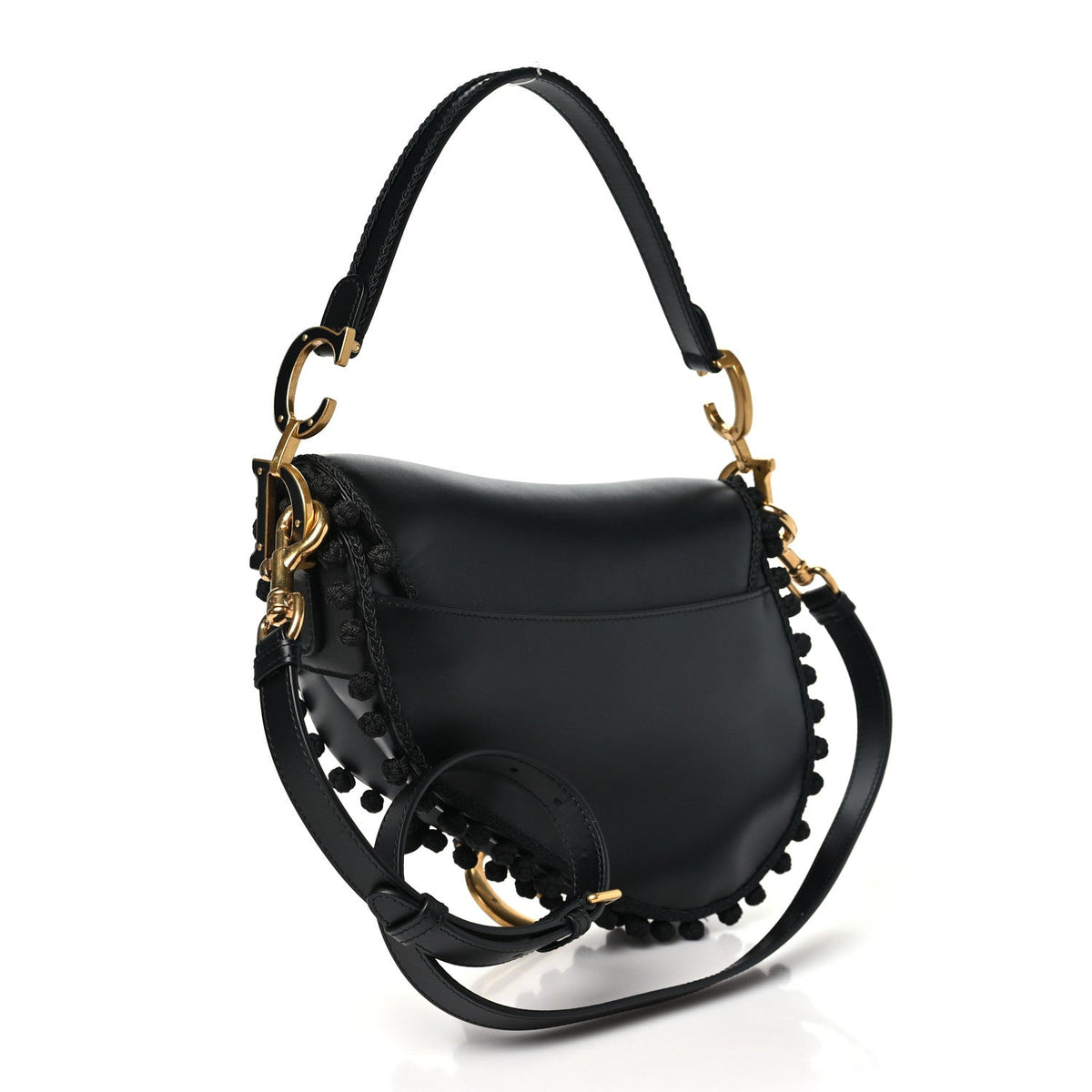 Calfskin Pom Pom Saddle Bag Black