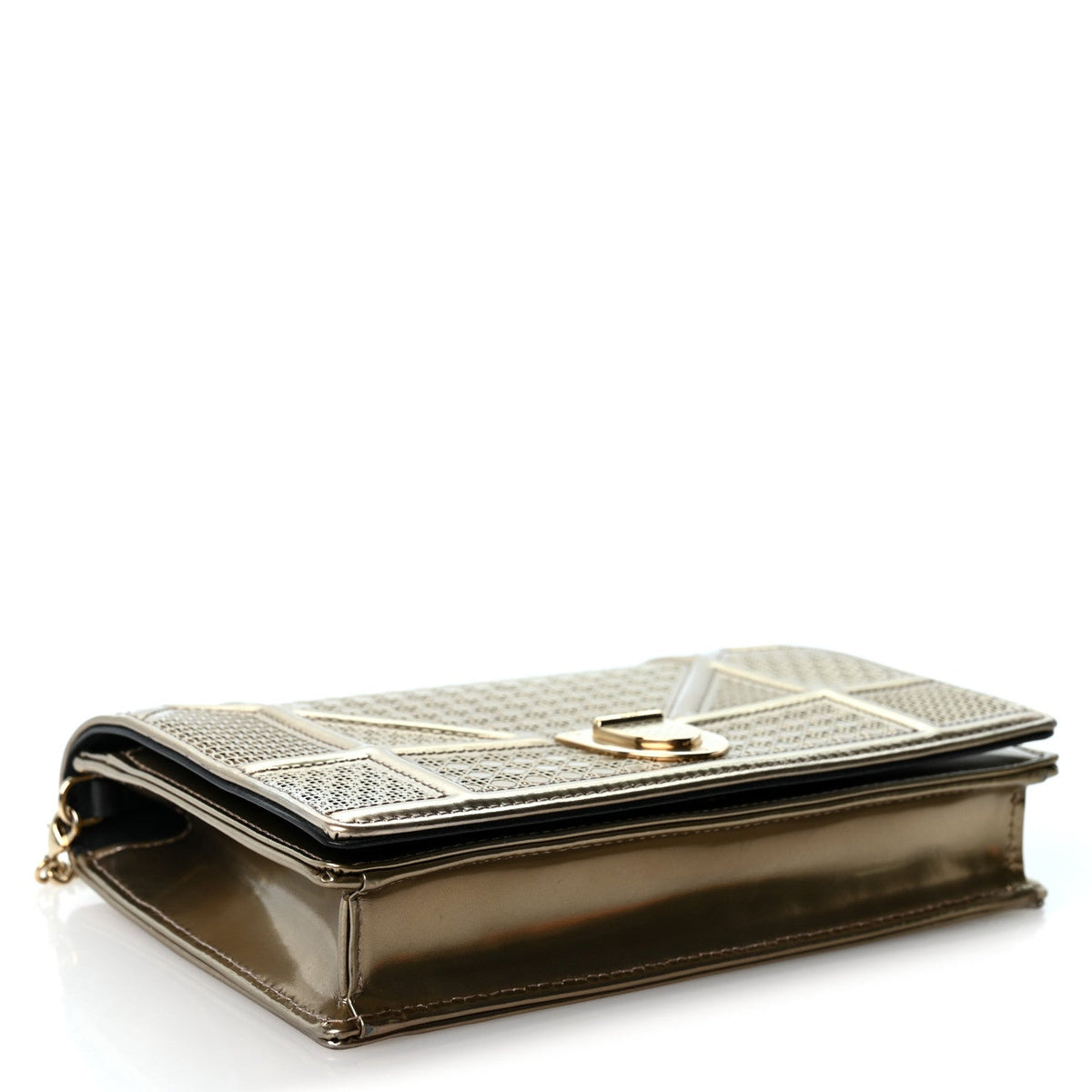 Metallic Patent Micro-Cannage Diorama Wallet on Chain Pouch Gold
