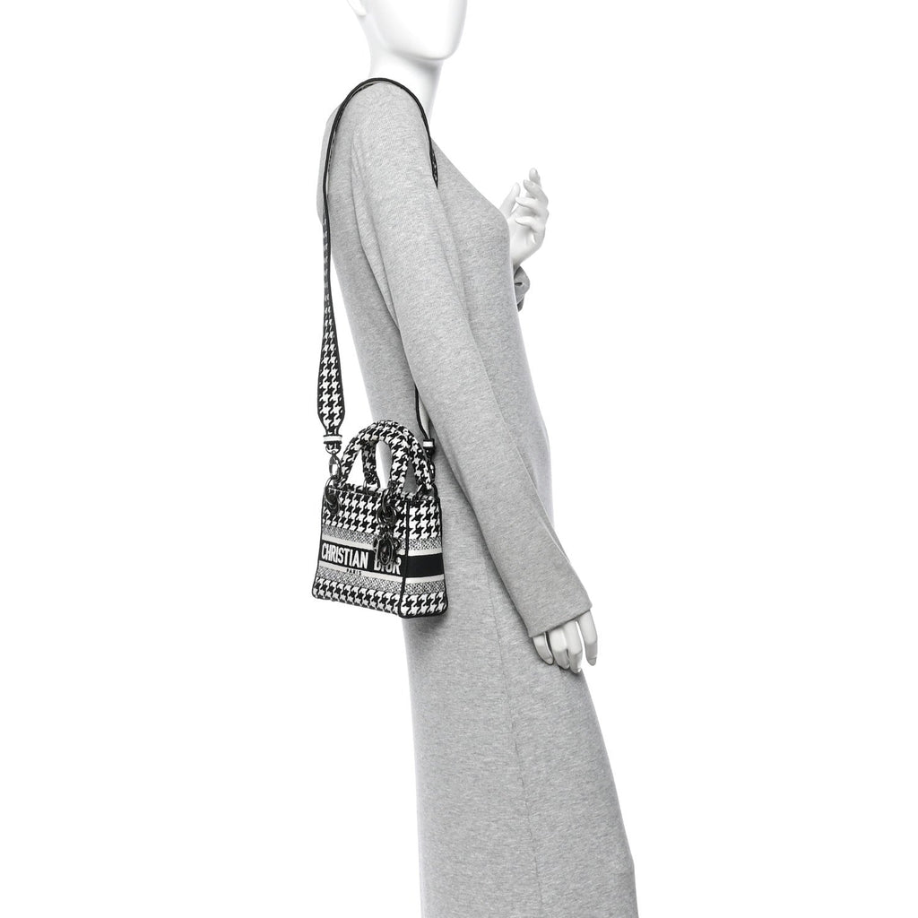 Canvas Houndstooth Embroidered Mini Lady D-Lite Black White