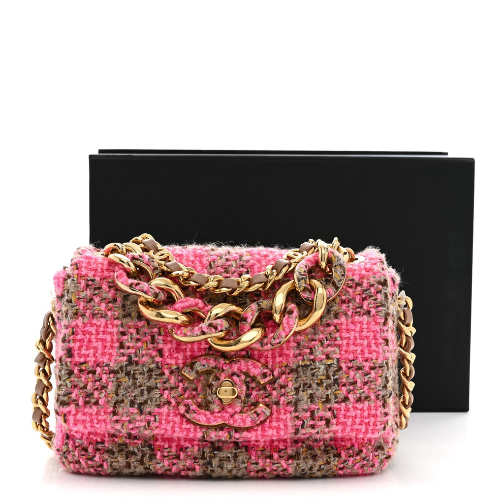 Wool Tweed Quilted Small Elegant Chain Flap Pink Brown