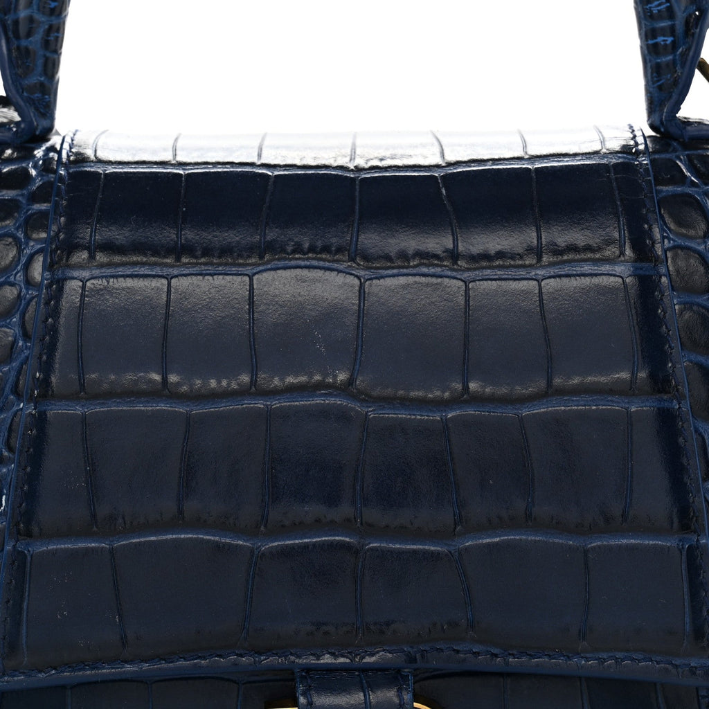 Shiny Calfskin Crocodile Embossed Small Hourglass Top Handle Bag Navy