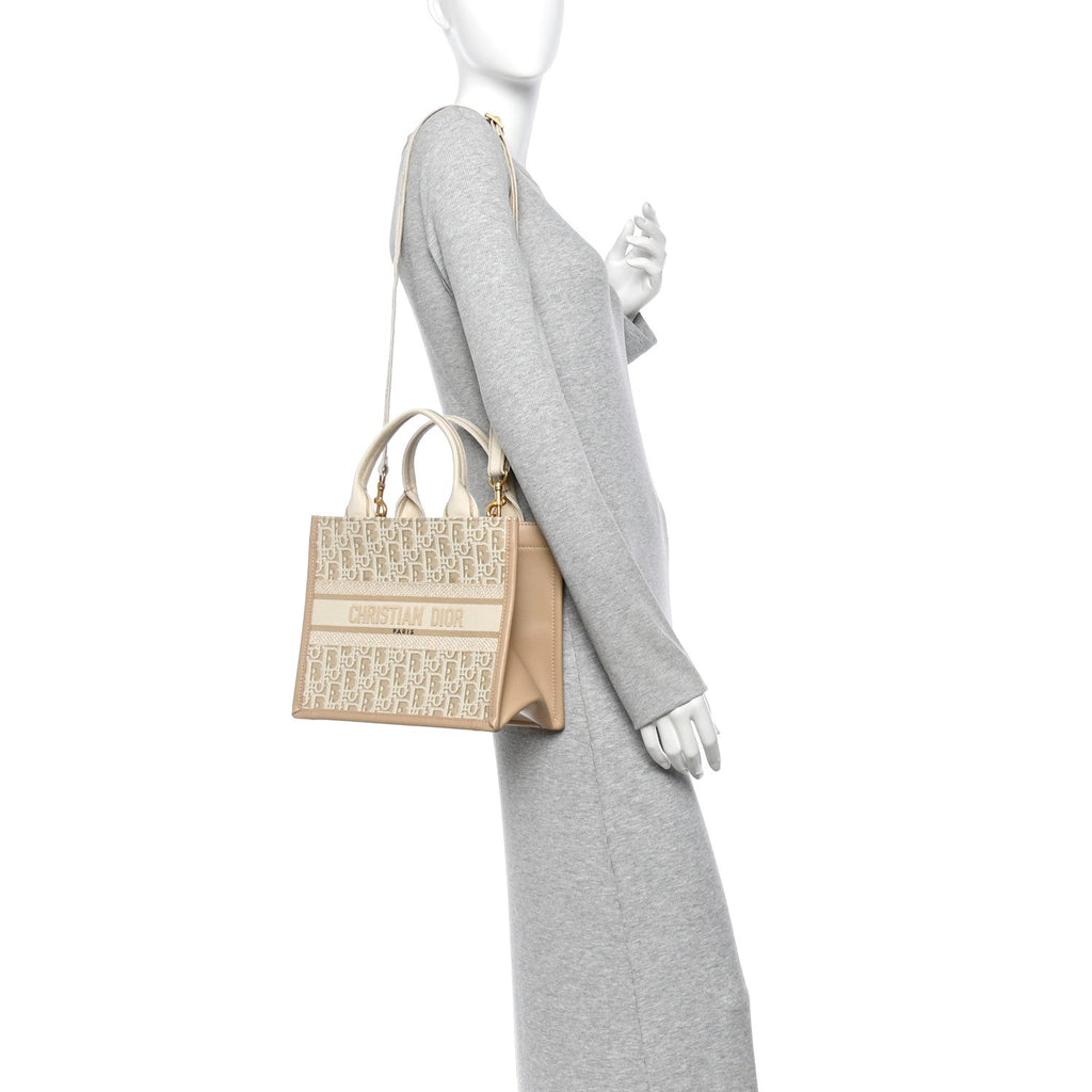 Oblique Chambray Calfskin Small Book Tote With Strap Gold Natural
