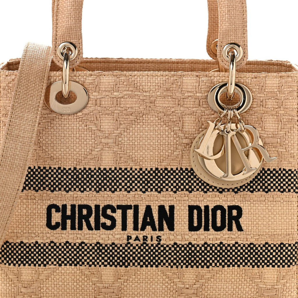 Raffia Woven Cannage Embroidered Medium Lady D-Lite Natural Black