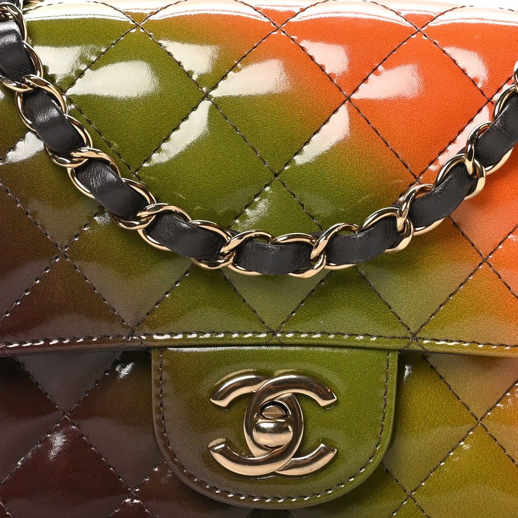 Shaded Patent Calfskin Quilted Mini Rectangular Flap Green Orange Dark Brown