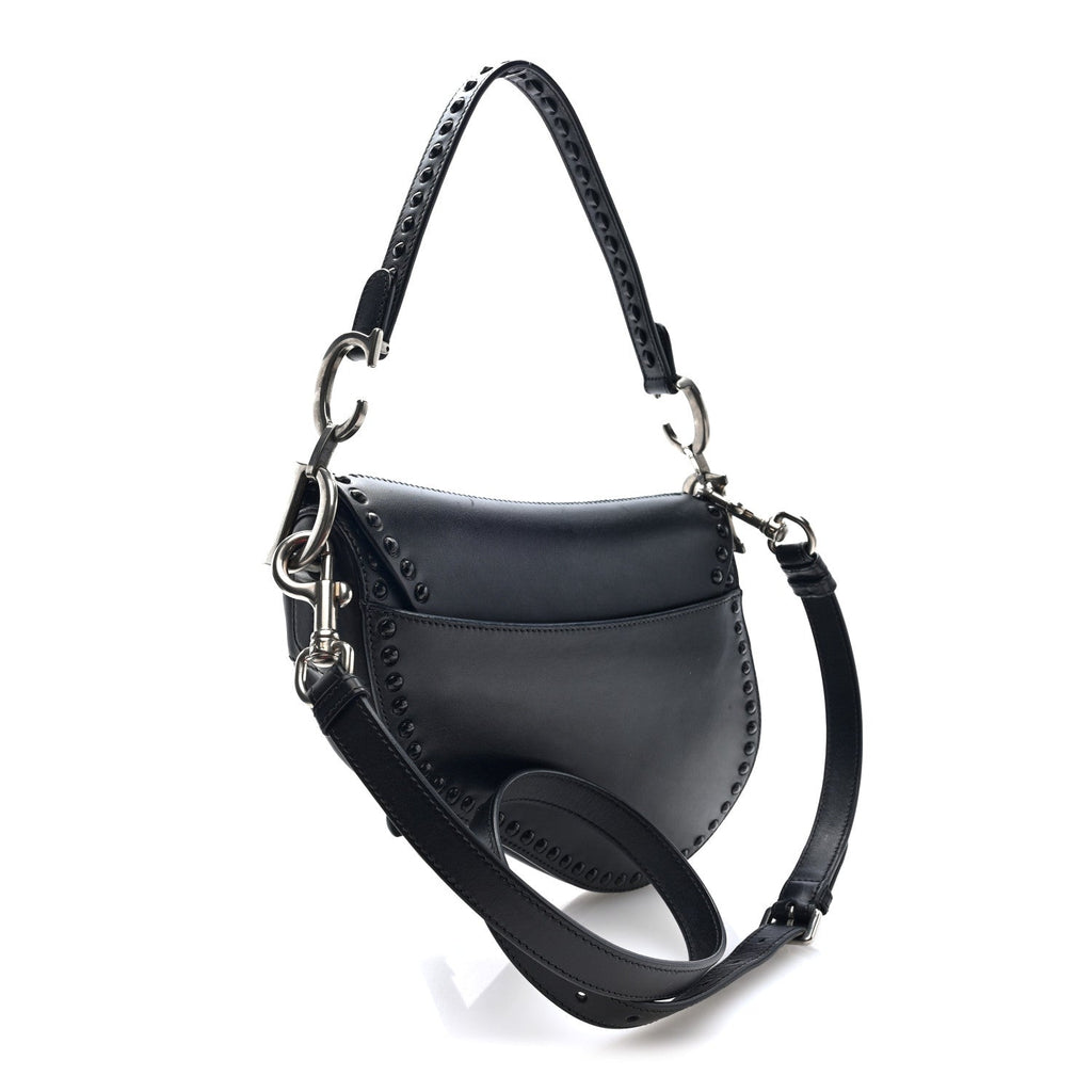 Calfskin Studded Saddle Bag With Strap Black