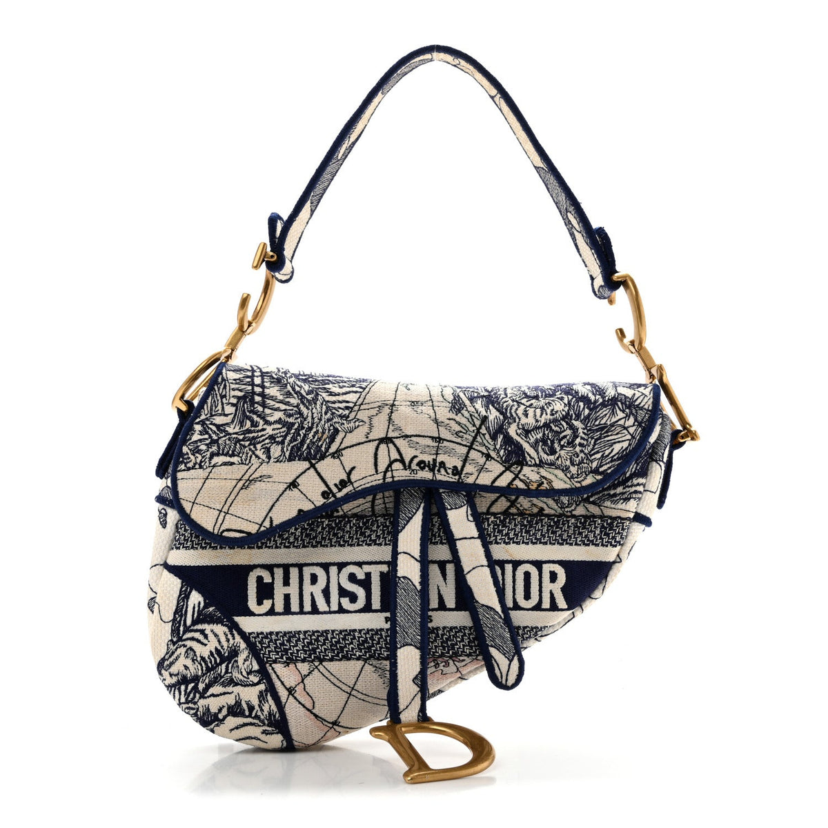 Canvas Embroidered Around the World Saddle Bag Blue
