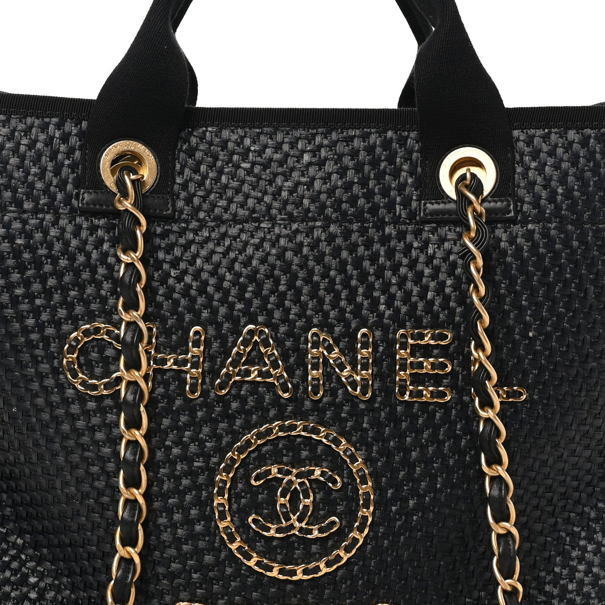 Straw Raffia Calfskin Chain Medium Deauville Tote Black