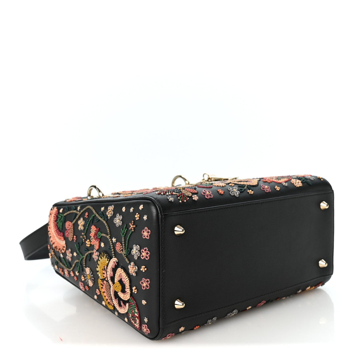 Smooth Calfskin Embroidered Beaded Floral Medium Lady Dior Black Multicolor