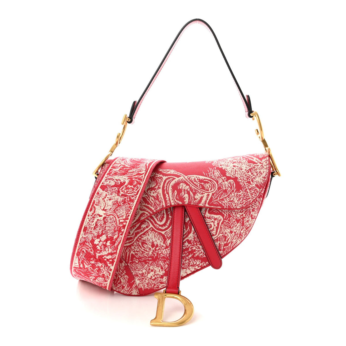 Canvas Reverse Embroidered Toile De Jouy Saddle Bag With Strap Red