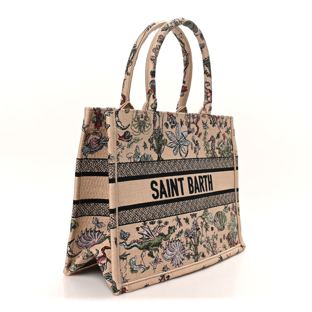 Canvas Embroidered Sea Print Medium Book Tote Beige Multicolor