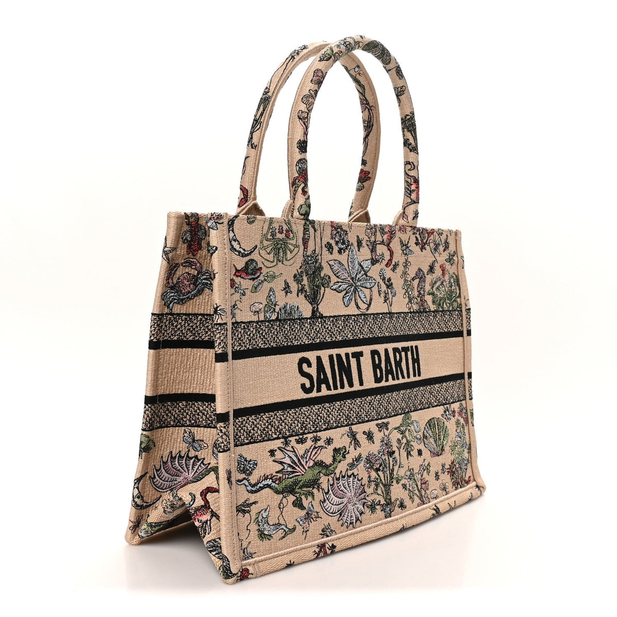 Canvas Embroidered Sea Print Medium Book Tote Beige Multicolor
