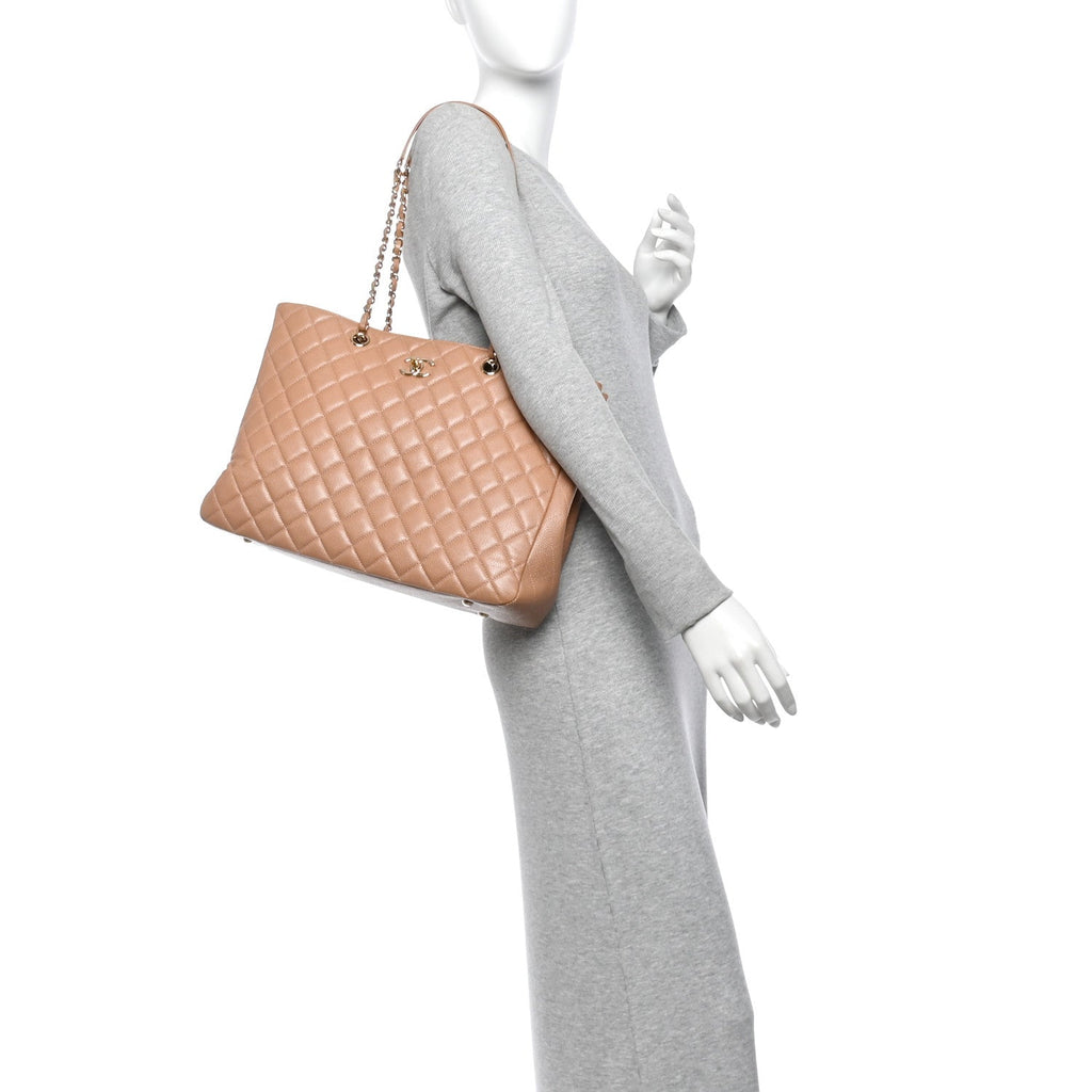 Caviar Quilted Large Classic Shopping Tote Dark Beige