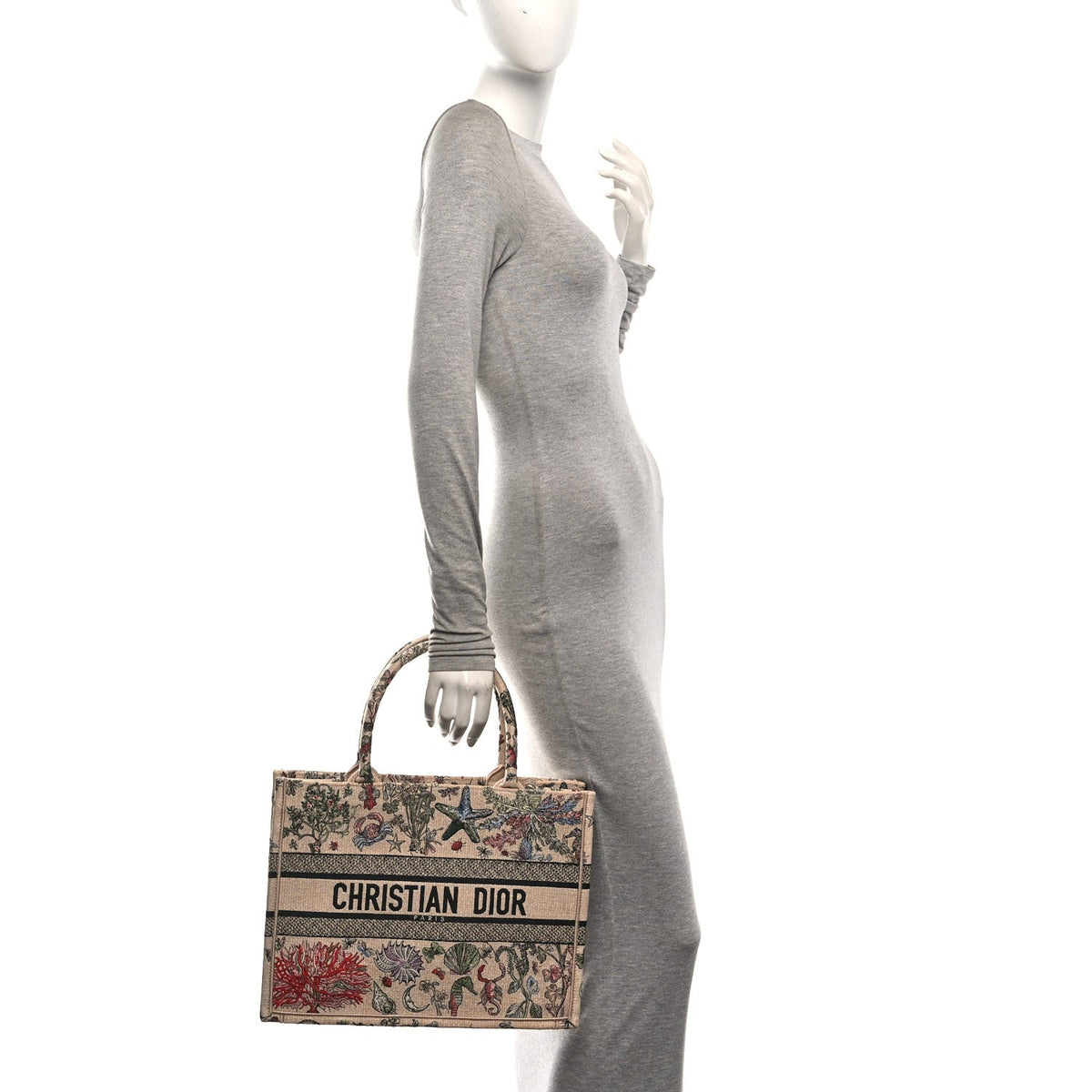 Canvas Embroidered Sea Print Medium Book Tote Beige Multicolor