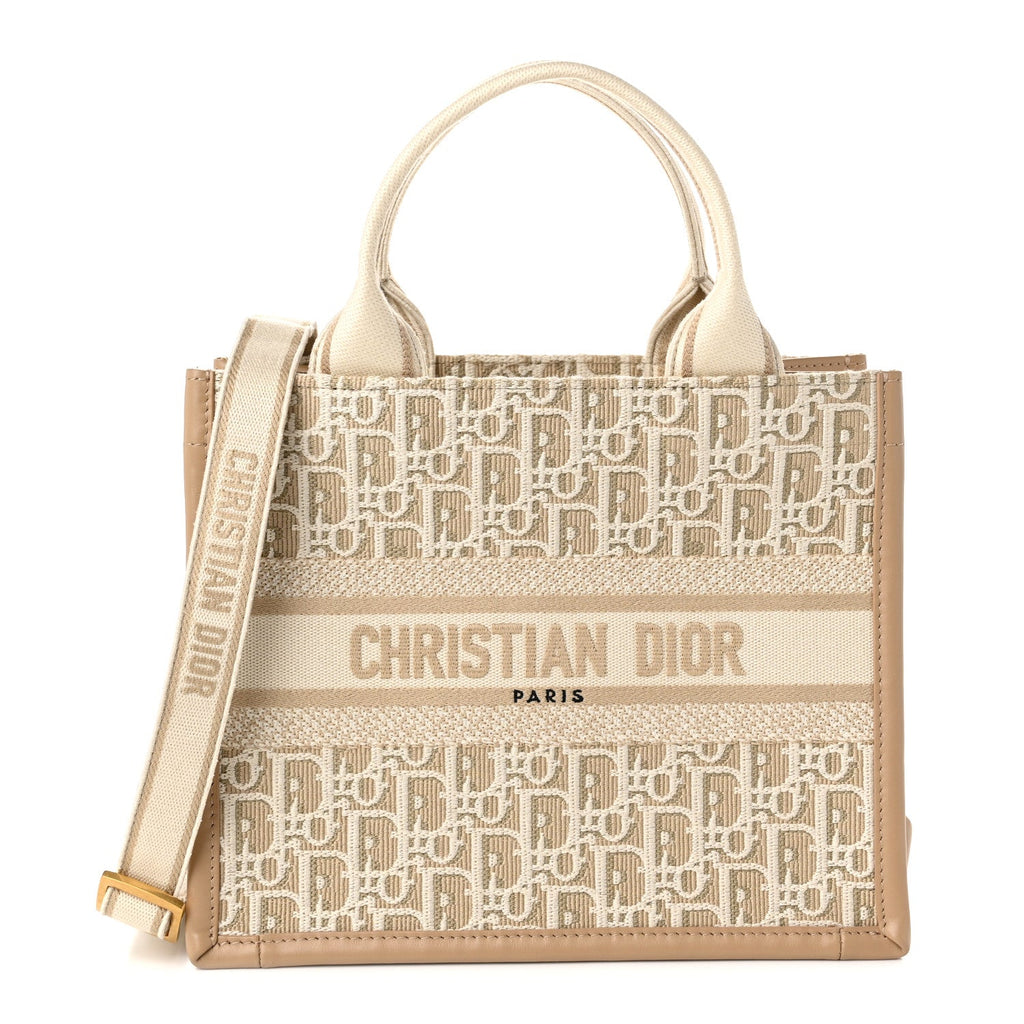 Oblique Chambray Calfskin Small Book Tote With Strap Gold Natural