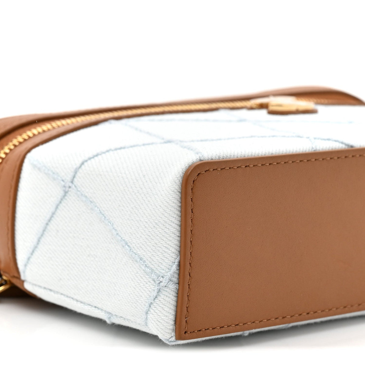 Washed Denim Calfskin Quilted Top Handle Slim Vanity Case With Chain Blue Brown