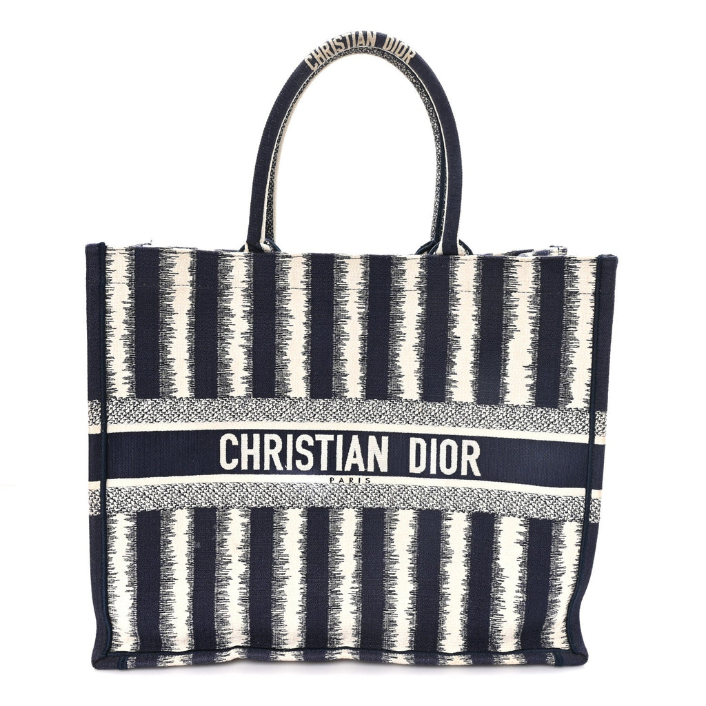 Canvas Embroidered Large Striped Book Tote Navy