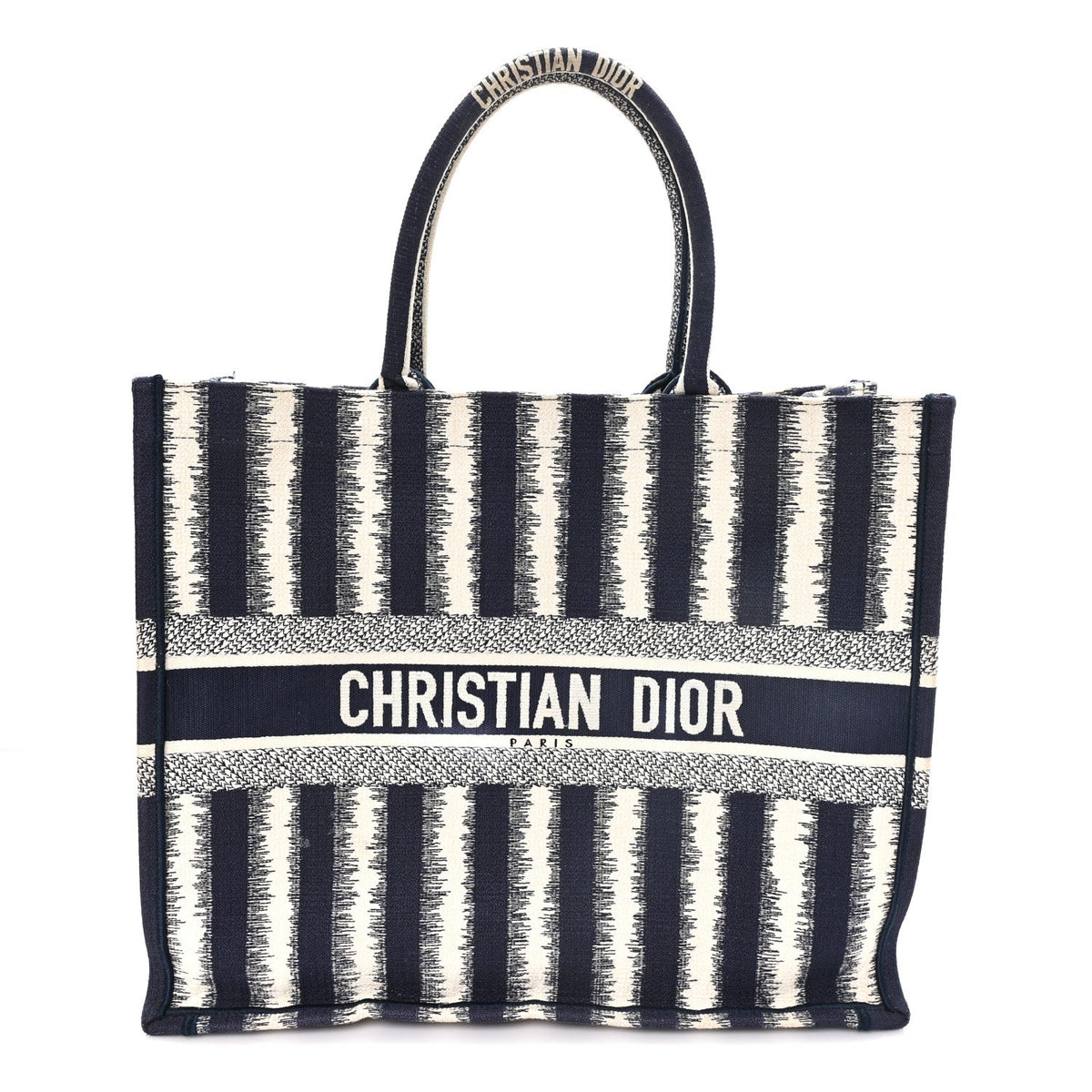 Canvas Embroidered Large Striped Book Tote Navy
