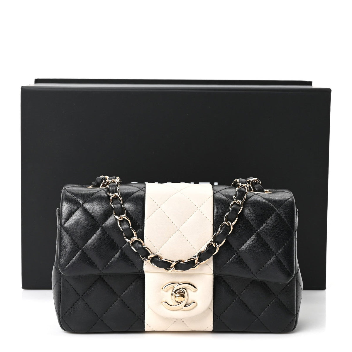 Lambskin Quilted Mini Rectangular Flap Black White