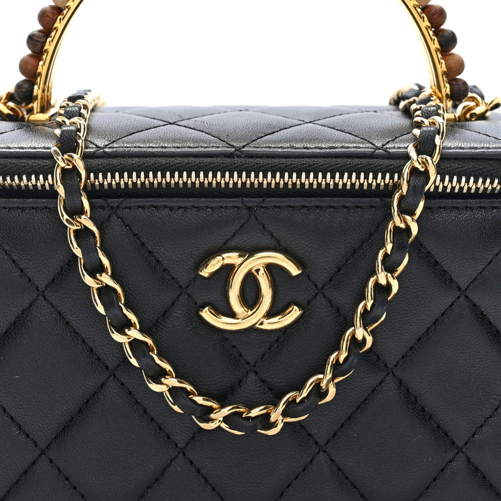 Shiny Lambskin Quilted Small Metal Wood Top Handle Vanity Case With Chain Black