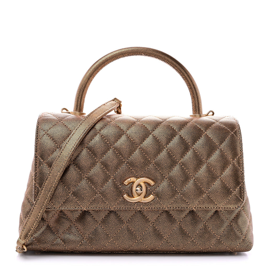 Metallic Caviar Quilted Small Coco Handle Flap Gold