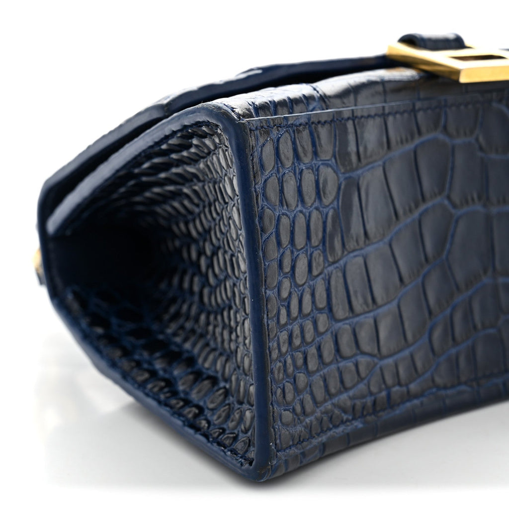 Shiny Calfskin Crocodile Embossed Small Hourglass Top Handle Bag Navy