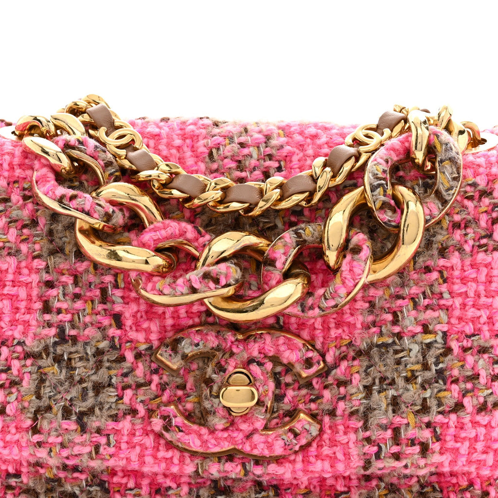 Wool Tweed Quilted Small Elegant Chain Flap Pink Brown