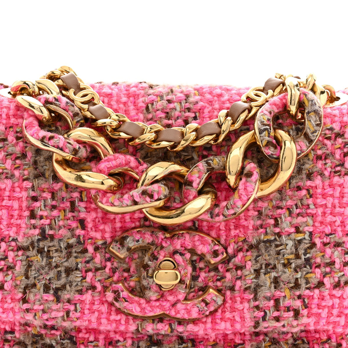 Wool Tweed Quilted Small Elegant Chain Flap Pink Brown