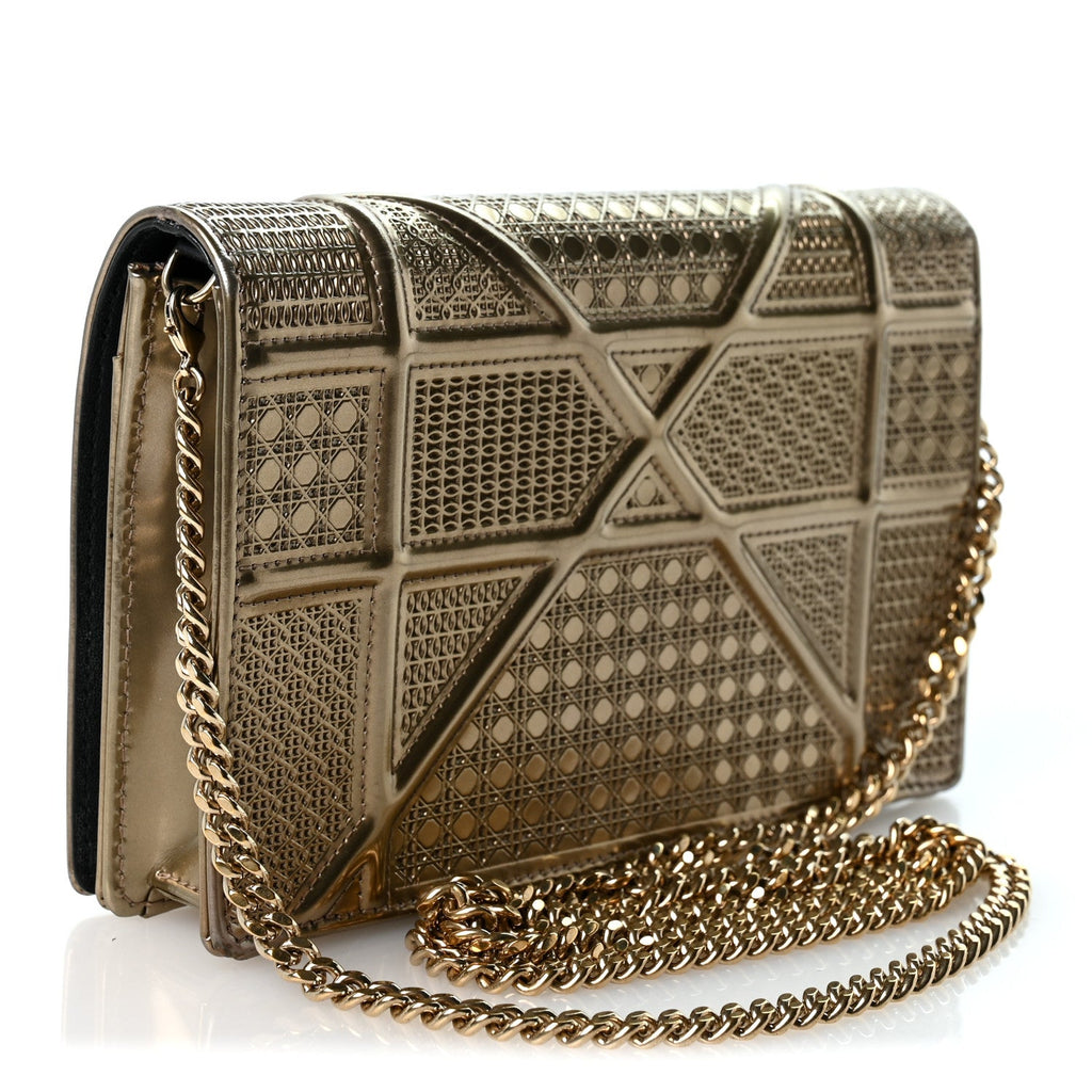 Metallic Patent Micro-Cannage Diorama Wallet on Chain Pouch Gold