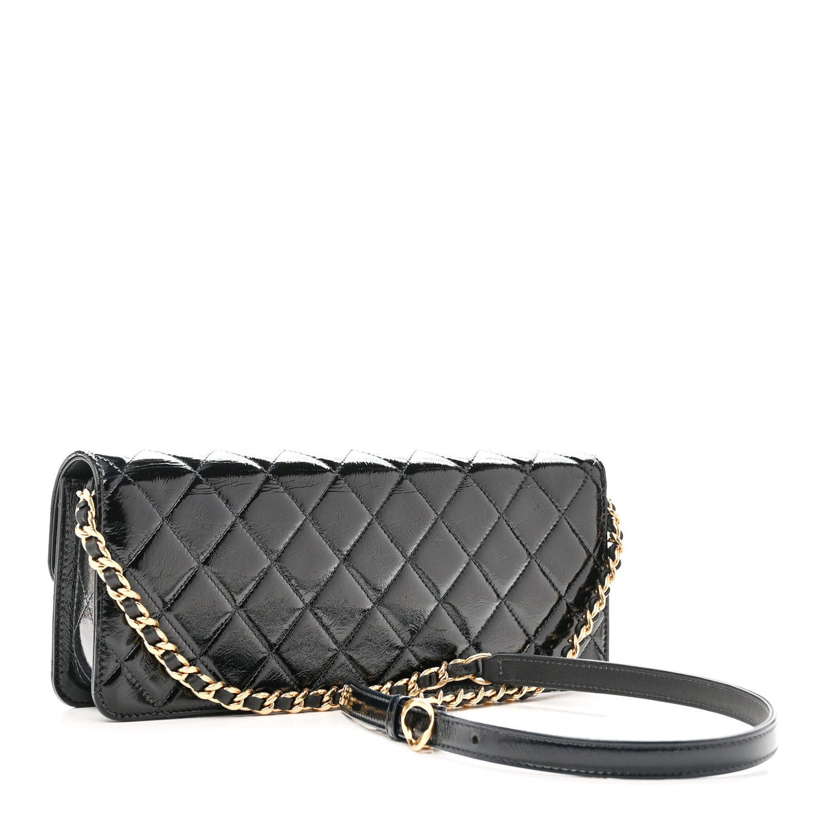 Patent Lambskin Quilted East West Flap Shoulder Bag Black
