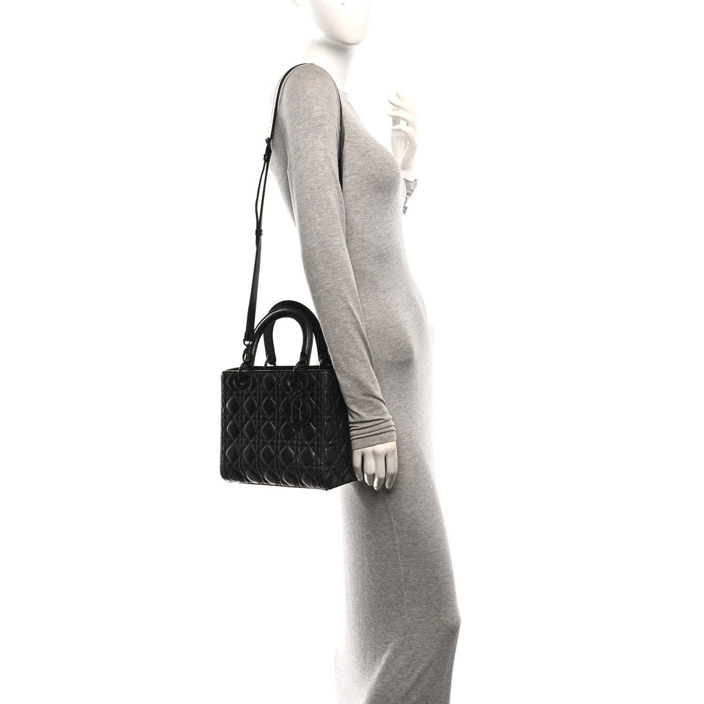Crinkled Calfskin Cannage Medium Lady Dior Black
