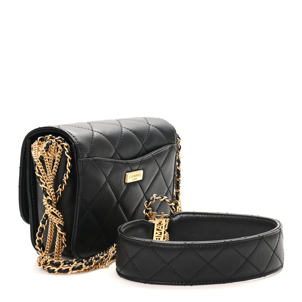 Lambskin Quilted Small Multiple Chain Flap Black