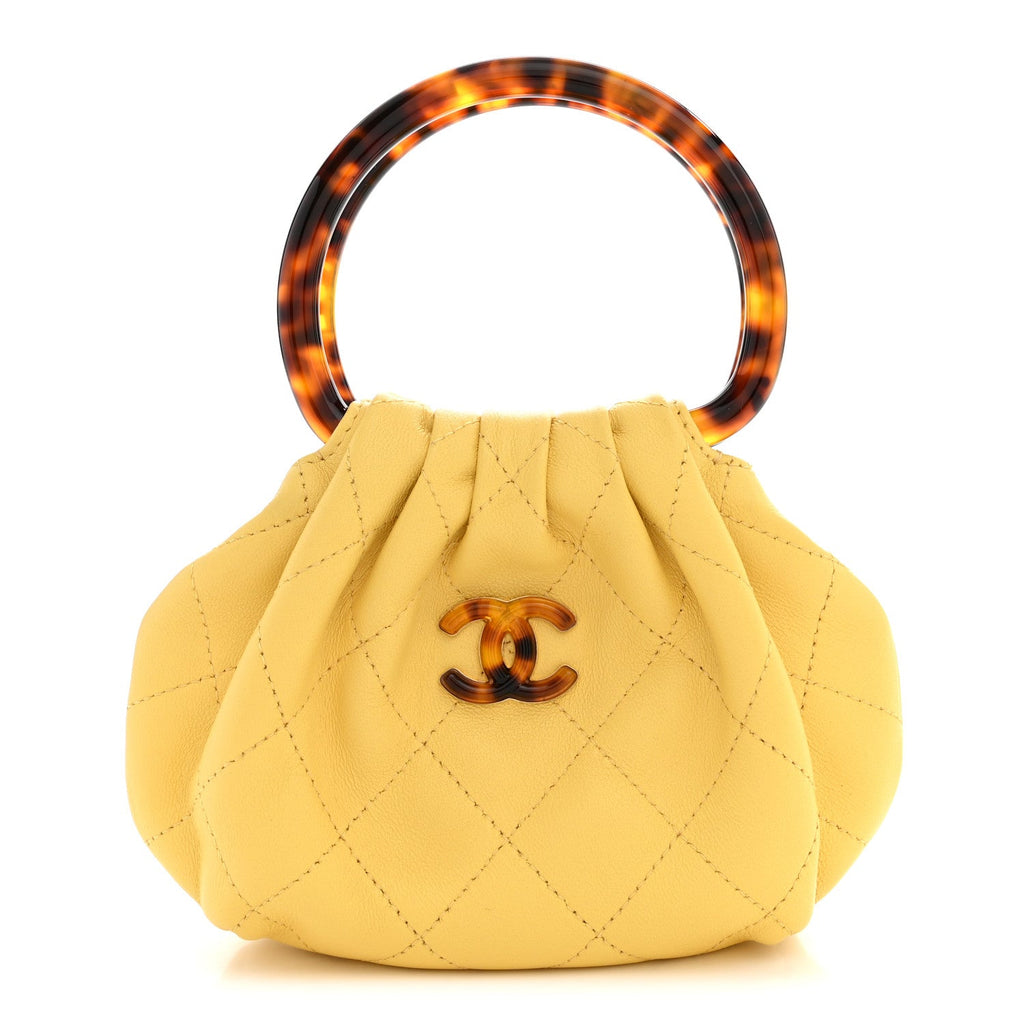 Lambskin Plexiglass Tortoise Shell Quilted Mini Pouch Yellow