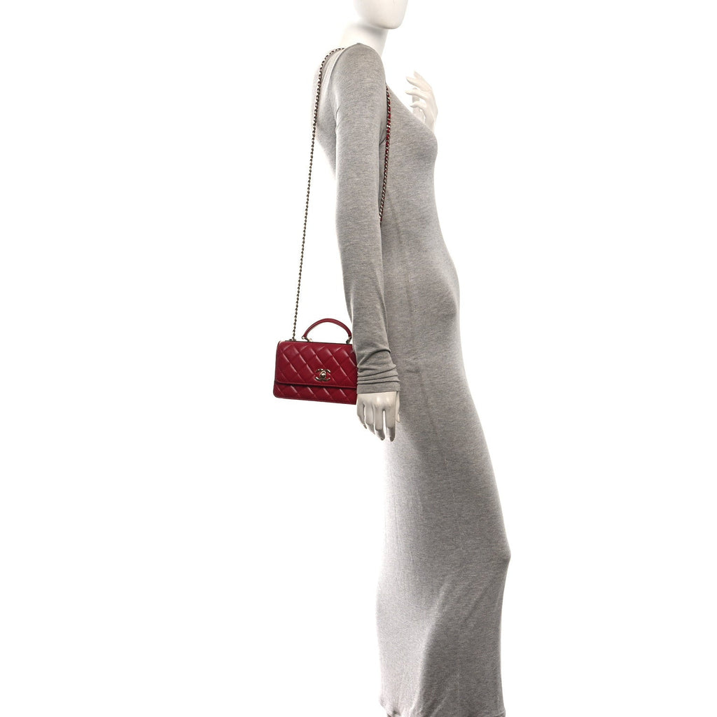 Lambskin Quilted Trendy CC Dual Handle Clutch With Chain Red