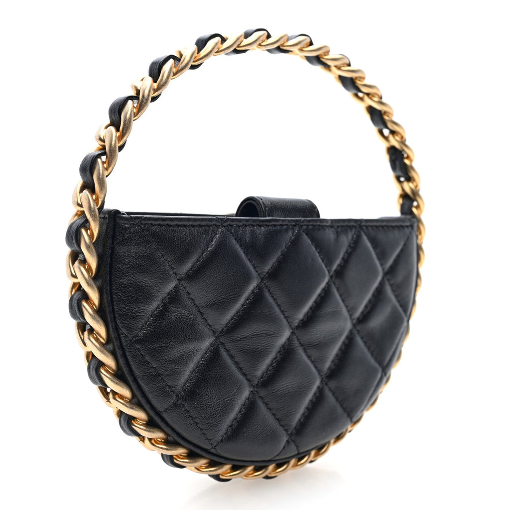 Lambskin Quilted Round Camellia Mini Clutch Black