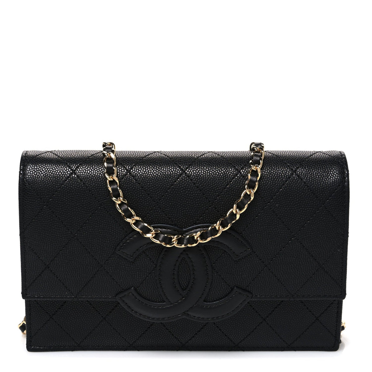 Shiny Caviar Lambskin Quilted CC Neo Filigree Wallet on Chain WOC Black