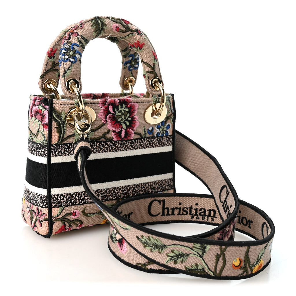 Canvas Petites Fleurs Embroidered Mini Lady D-Lite Rose Multicolor