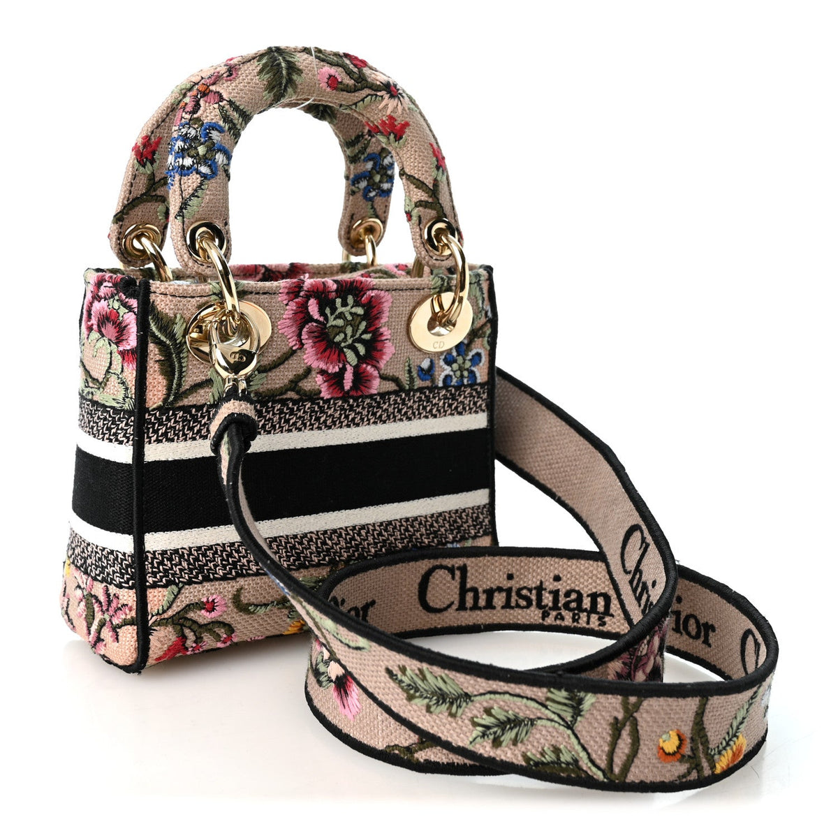 Canvas Petites Fleurs Embroidered Mini Lady D-Lite Rose Multicolor