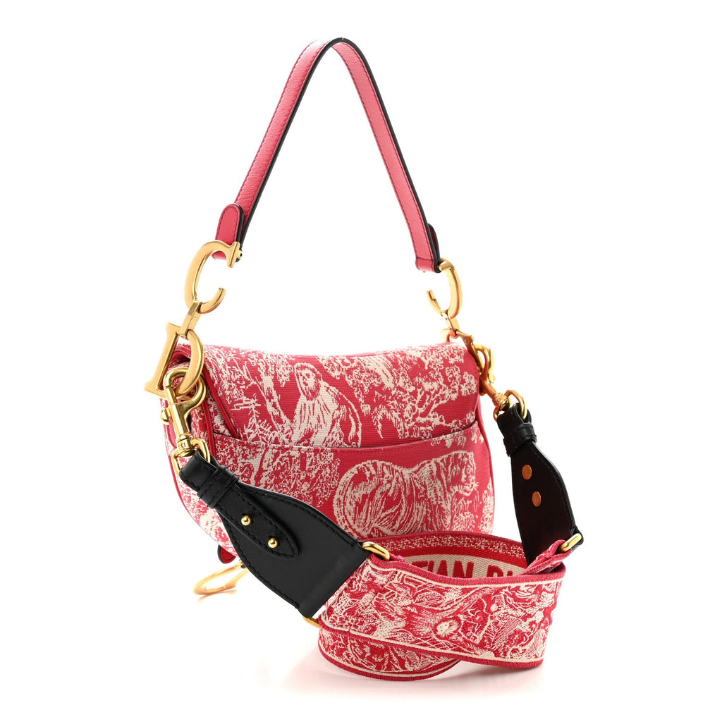 Canvas Reverse Embroidered Toile De Jouy Saddle Bag With Strap Red