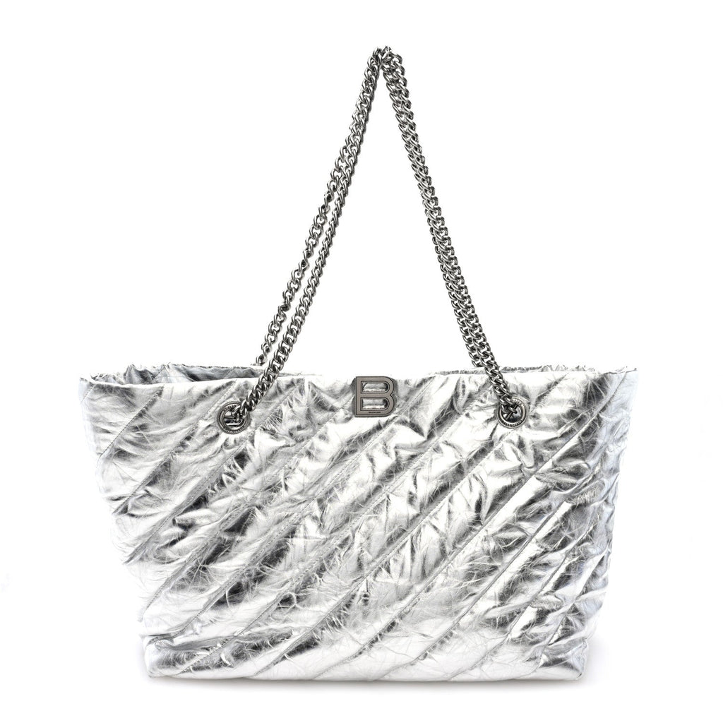 Metallic Crushed Calfskin Quilted Medium Crush Carry All Tote Bag Silver