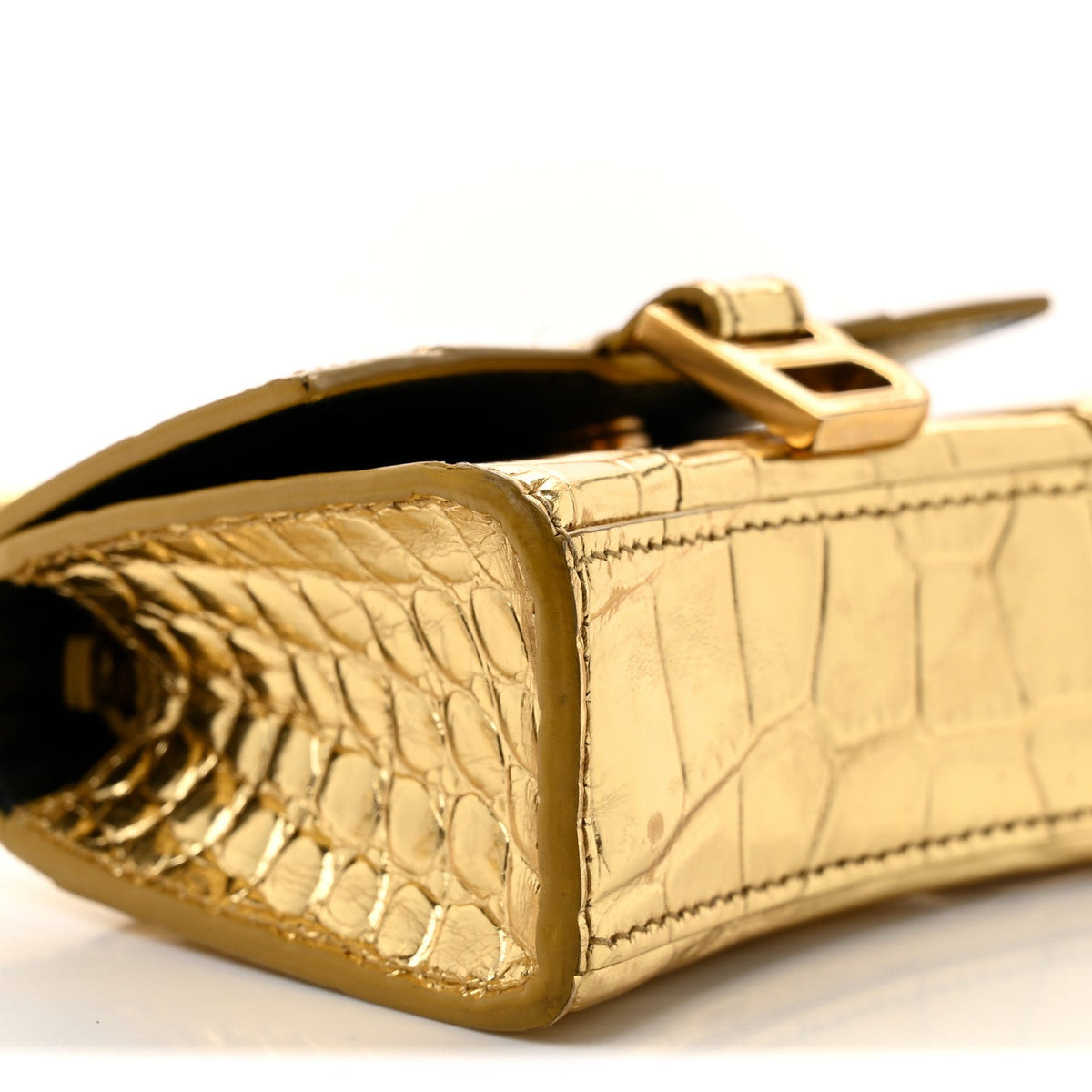 Metallic Calfskin Crocodile Embossed Hourglass Top Handle Bag Mini Gold