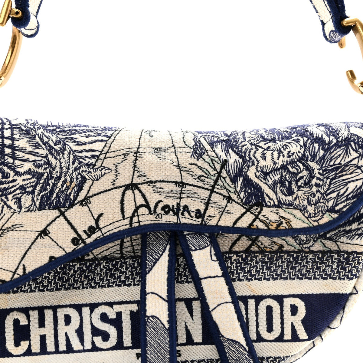 Canvas Embroidered Around the World Saddle Bag Blue