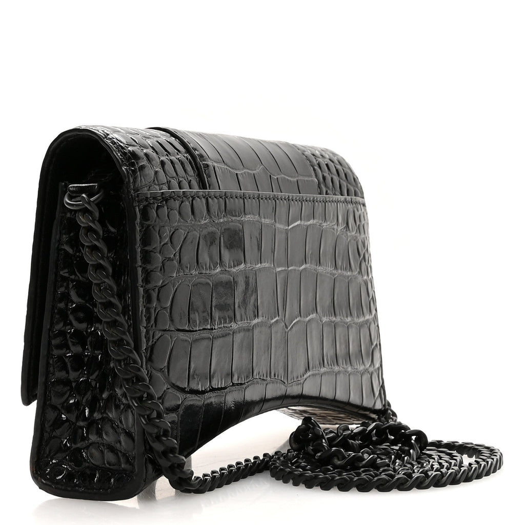 Shiny Calfskin Monochrome Crocodile Embossed Hourglass Chain Bag Black