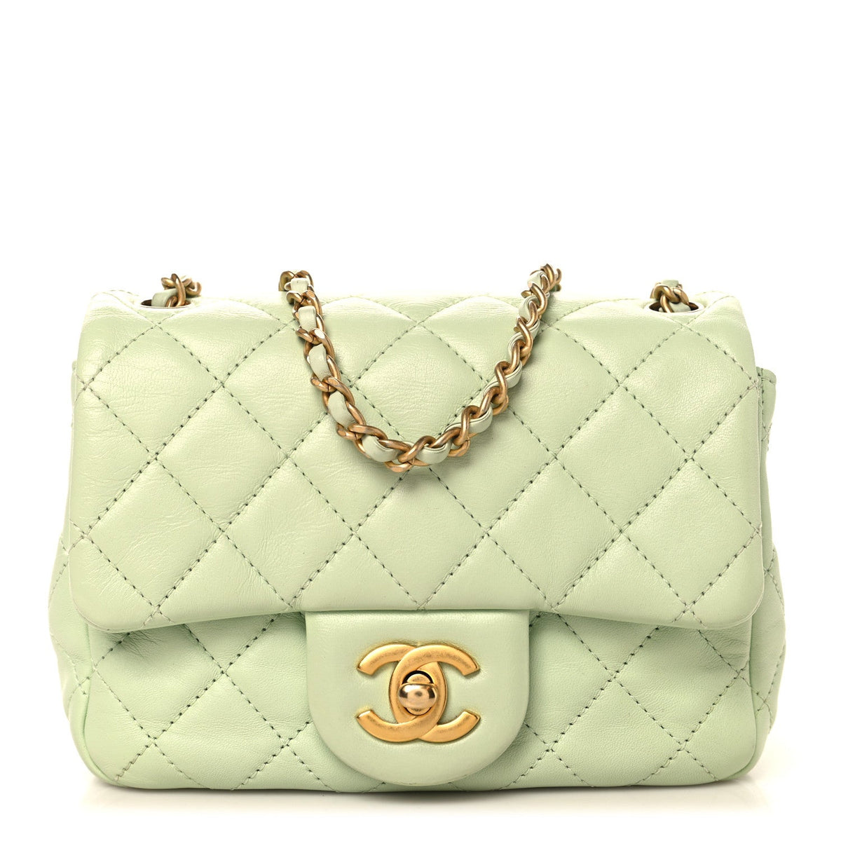Lambskin Quilted Mini Pearl Crush Flap Light Green