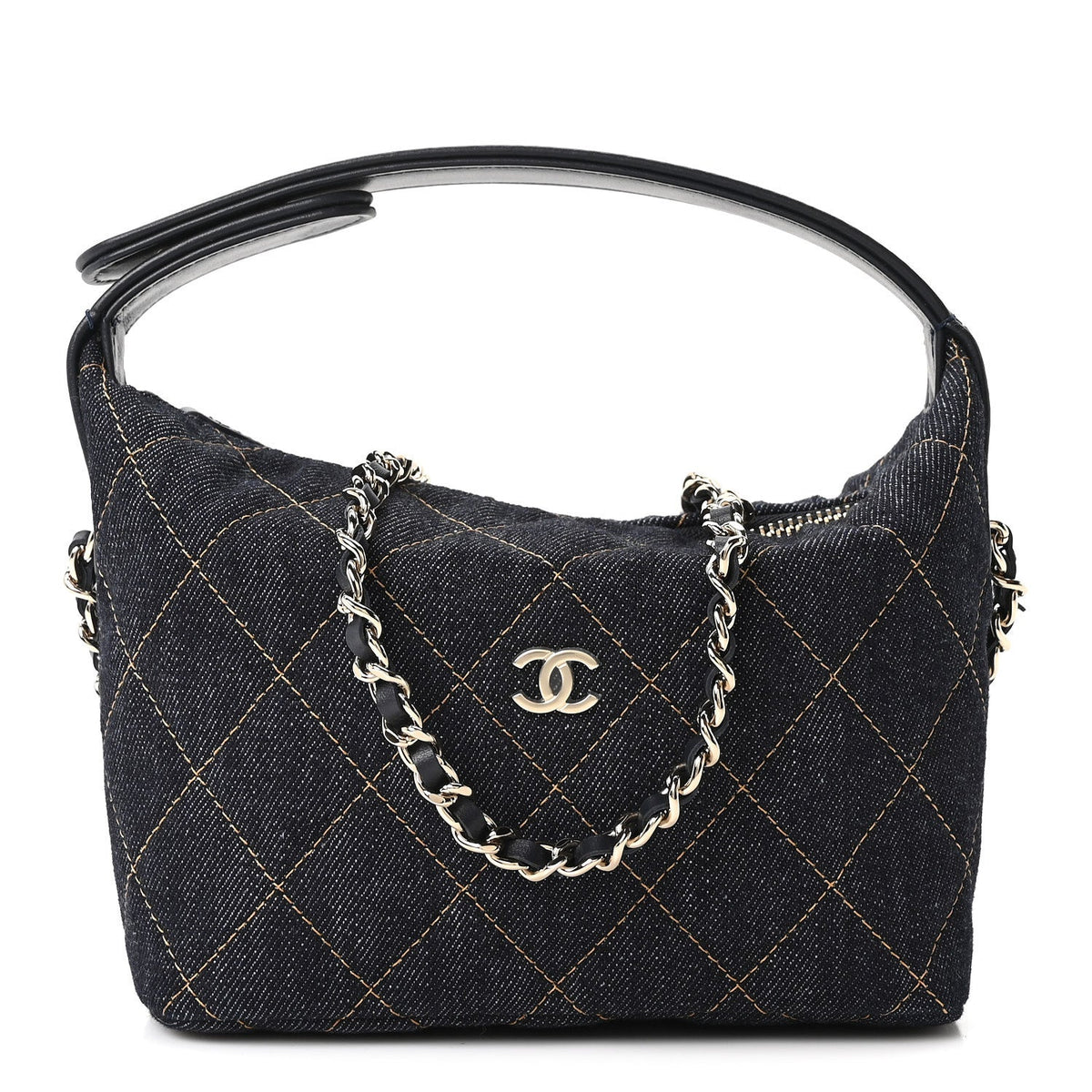 Denim Quilted Hobo Clutch With Chain Dark Blue Orange